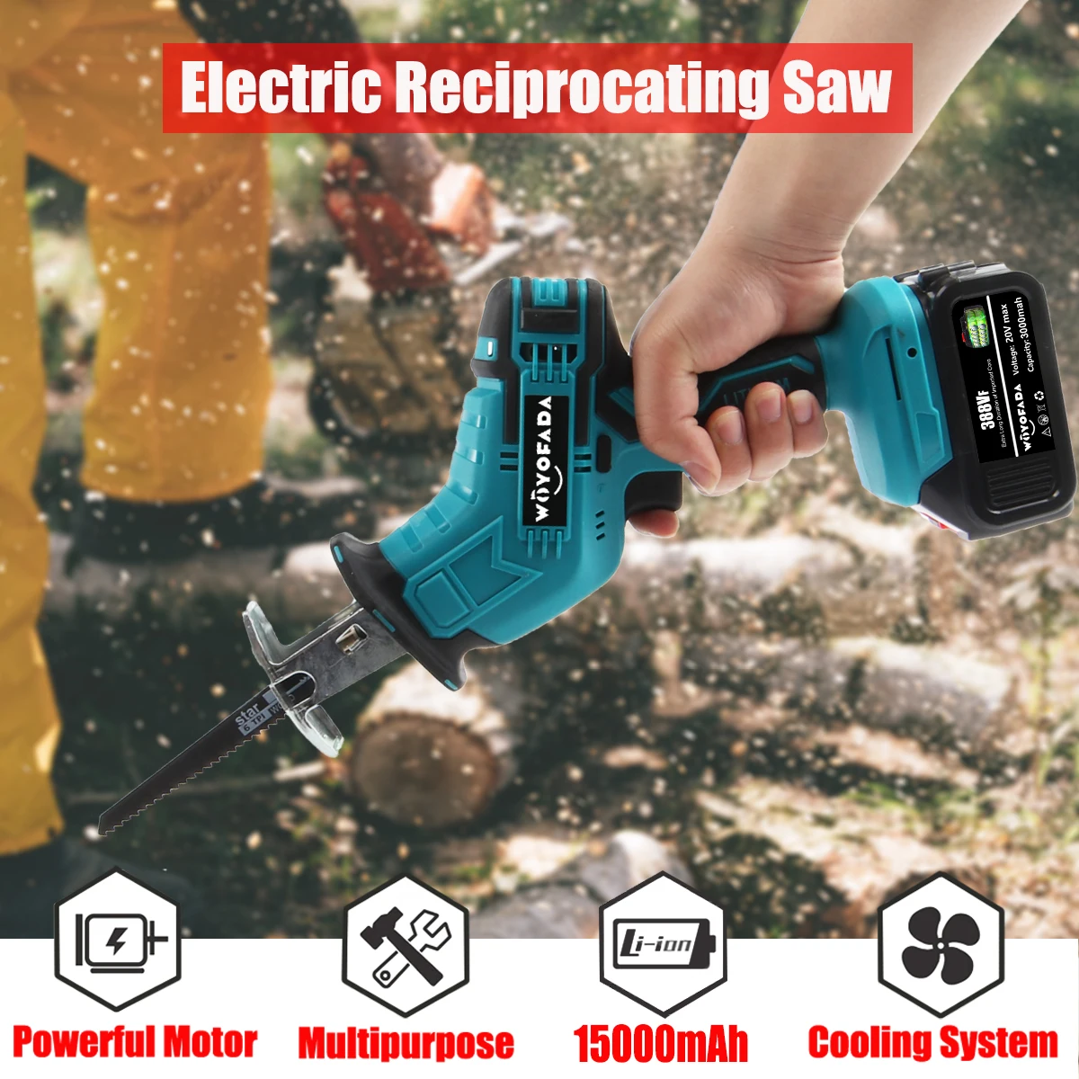 Cordless Reciprocating Saw 18V Adjustable Speed Chainsaw Wood Metal PVC Pipe Cutting Reciprocating Saw Power Tool By WOYOFADA