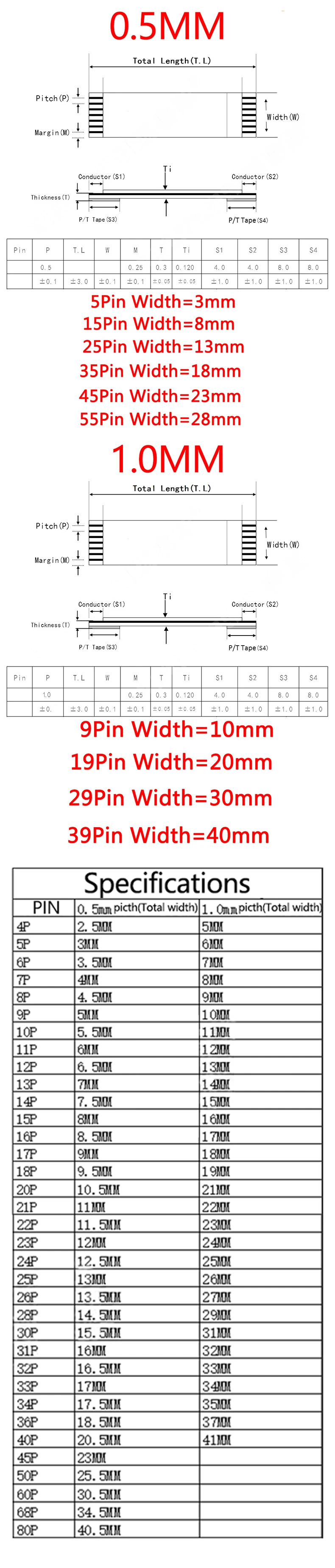 5PCS FPC FFC Ribbon Flexible Flat Cable 4/5/6/8/10/12/14/16/18/20/30/40-80Pin Pitch 0.5MM 1.0MM A-Type Wire Length