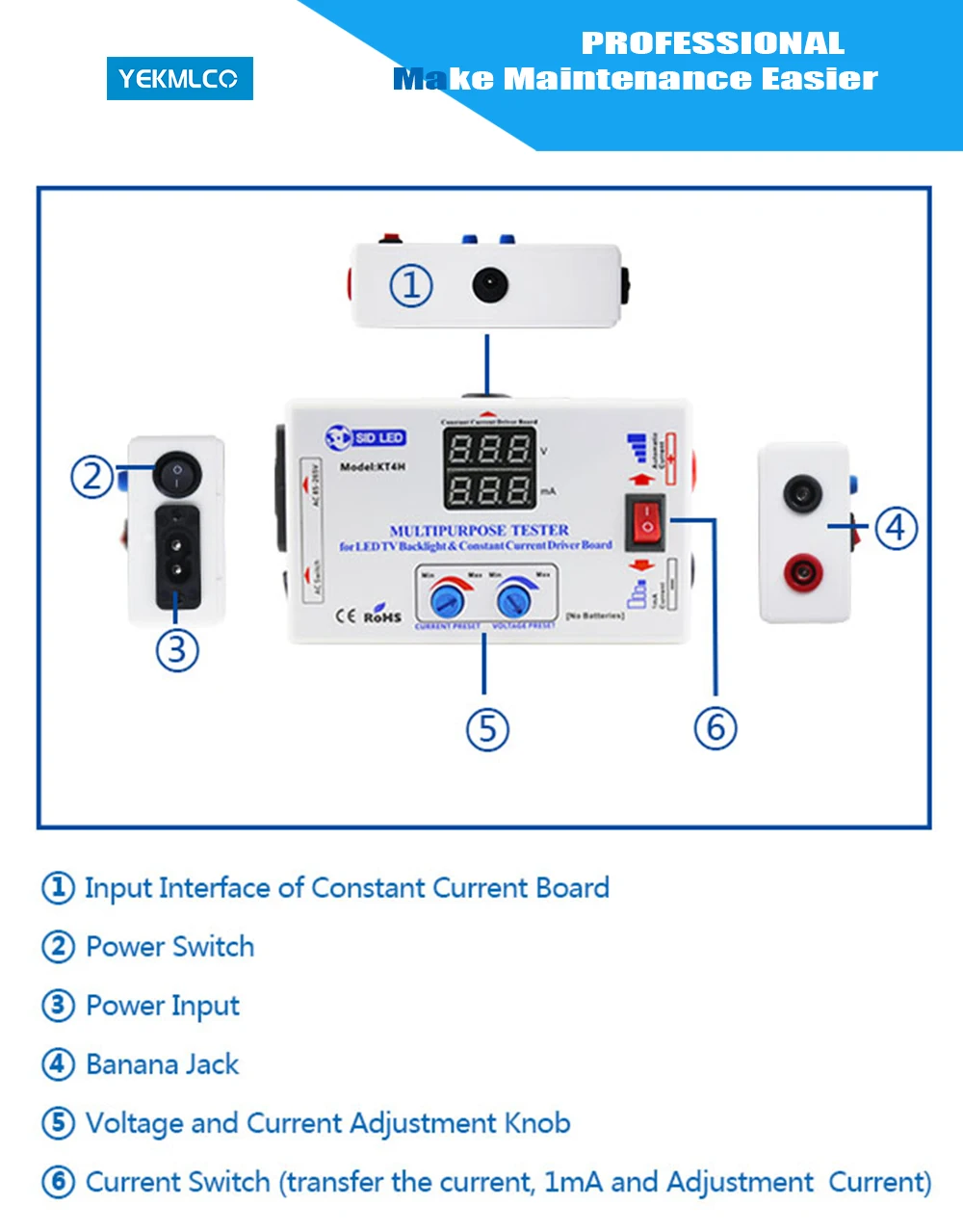 YEKMLCO KT4H 0-330V LED TV Backlight Tester Smart-Fit Manual Voltage Adjustment Constant Current Driver Board Repair LED Bead