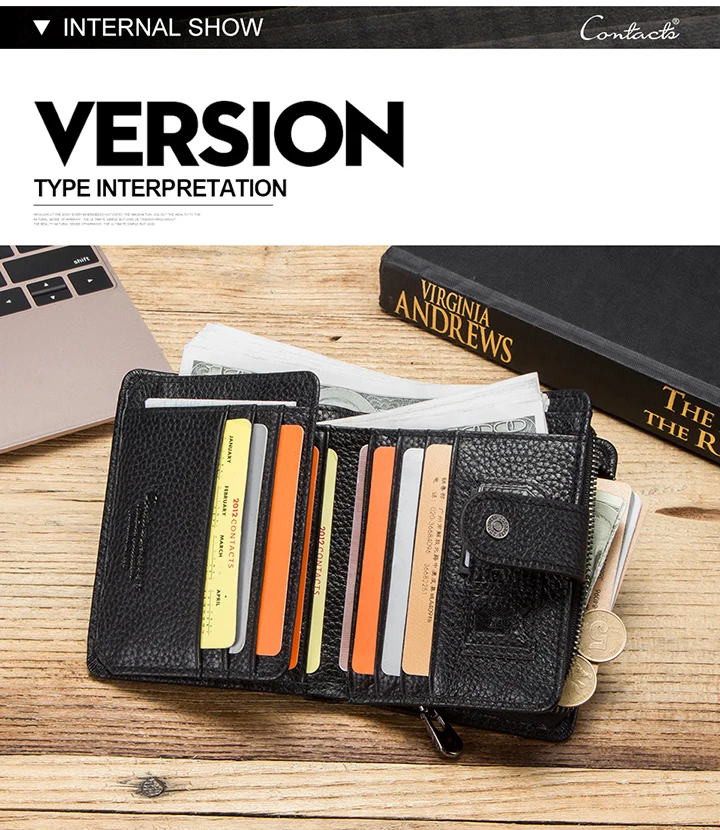 CONTACT'S Genuine Leather Short Wallets for Men RFID Vintage Coin Purse Card Holder Male Money Clip Women‘s Wallet Bag Handbag