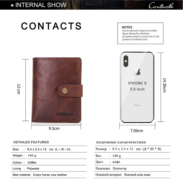 CONTACT'S Genuine Leather Short Wallets for Men RFID Vintage Coin Purse Card Holder Male Money Clip Women‘s Wallet Bag Handbag