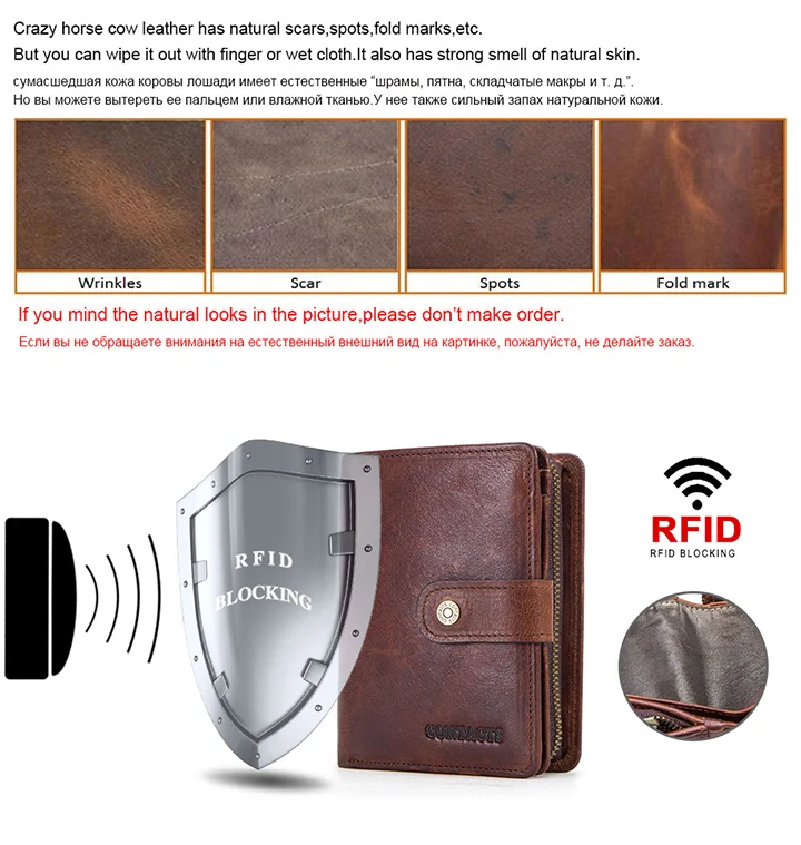 CONTACT'S Genuine Leather Short Wallets for Men RFID Vintage Coin Purse Card Holder Male Money Clip Women‘s Wallet Bag Handbag