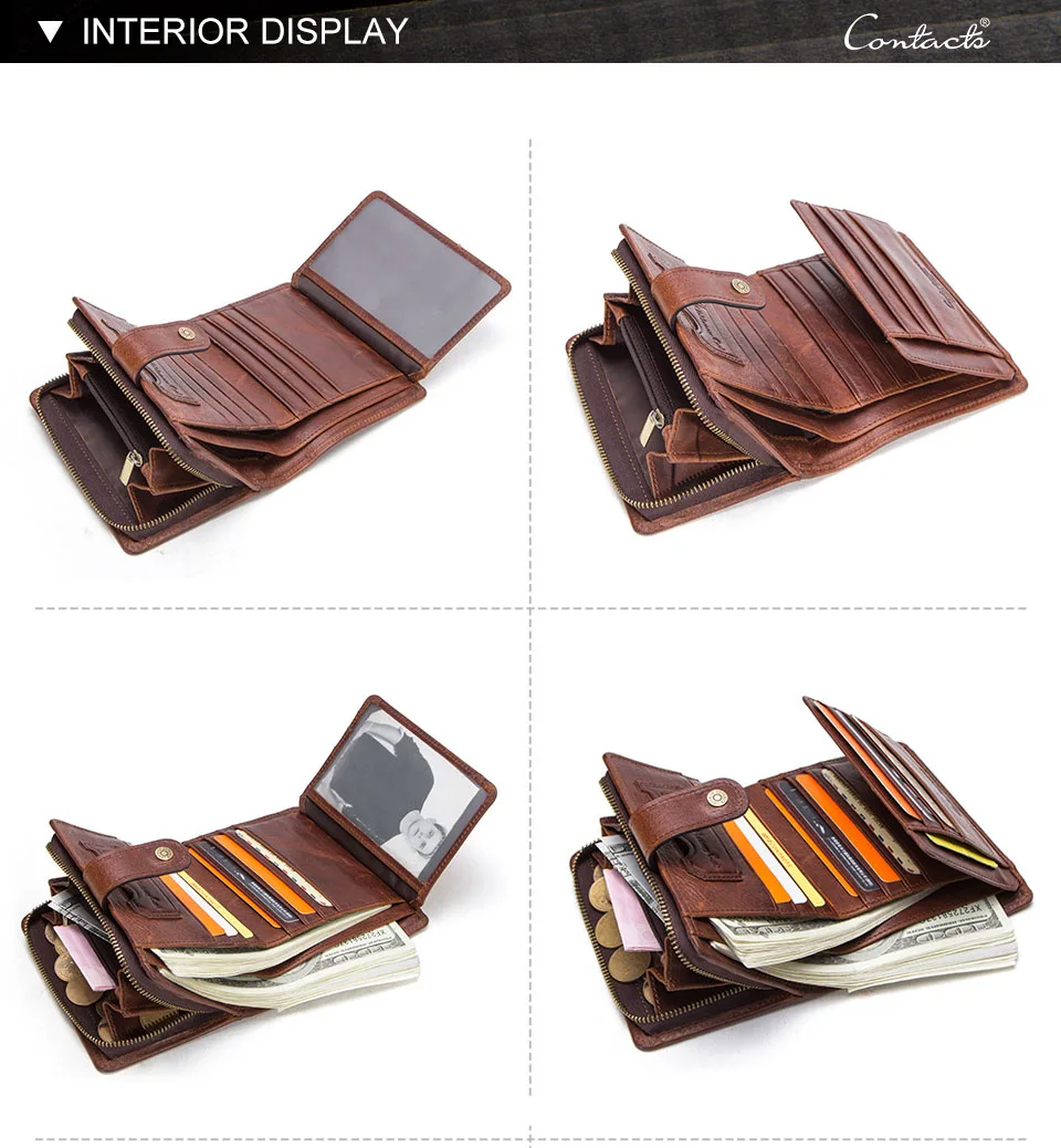 CONTACT'S Genuine Leather Short Wallets for Men RFID Vintage Coin Purse Card Holder Male Money Clip Women‘s Wallet Bag Handbag