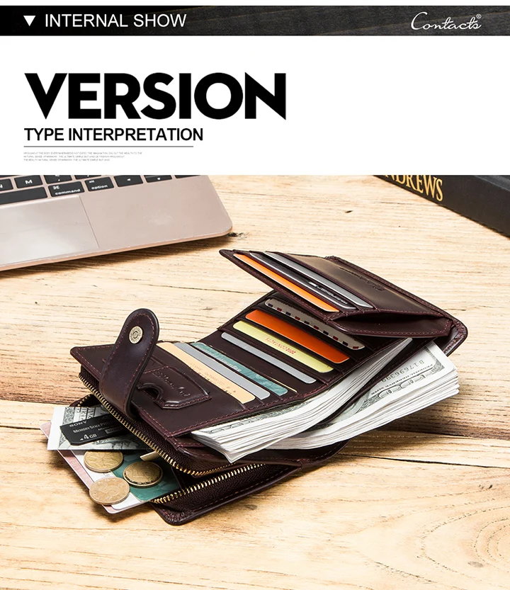 CONTACT'S Genuine Leather Short Wallets for Men RFID Vintage Coin Purse Card Holder Male Money Clip Women‘s Wallet Bag Handbag
