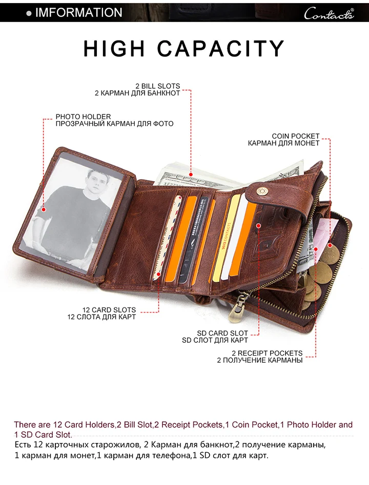 CONTACT'S Genuine Leather Short Wallets for Men RFID Vintage Coin Purse Card Holder Male Money Clip Women‘s Wallet Bag Handbag