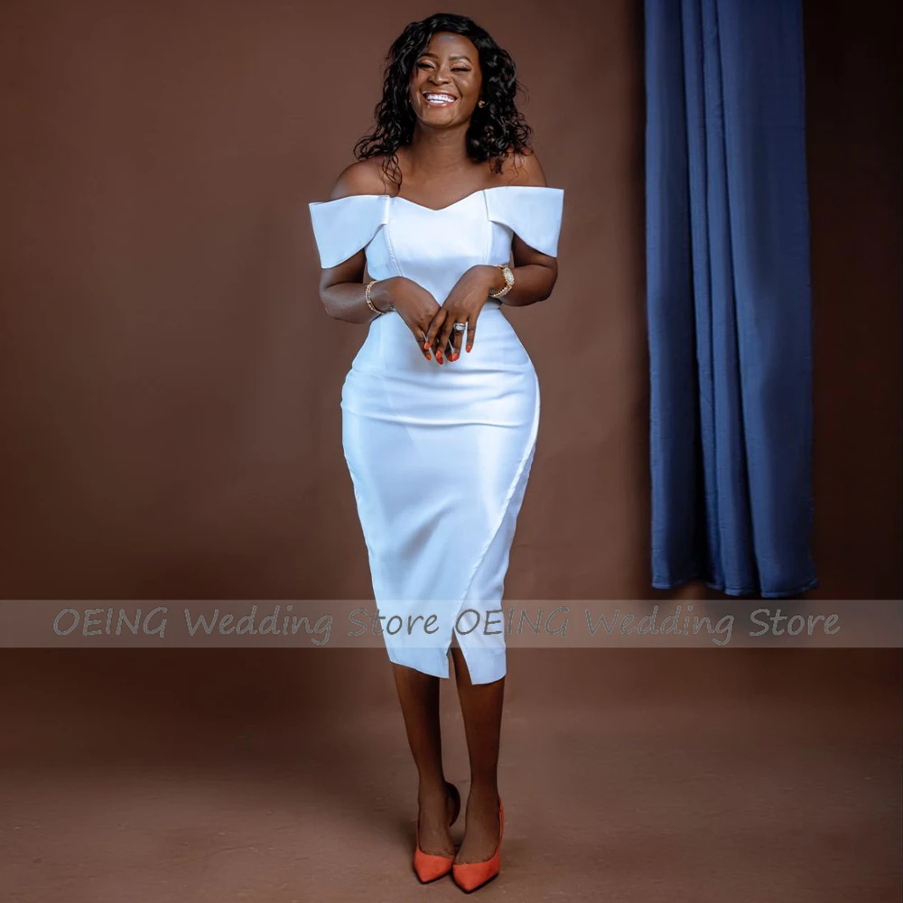 Short Wedding Dresses White Off the Shoulder Sheath/Column Wedding Gown for Women 2023 Bride V Neck Slit Simple Bride Dress Midi