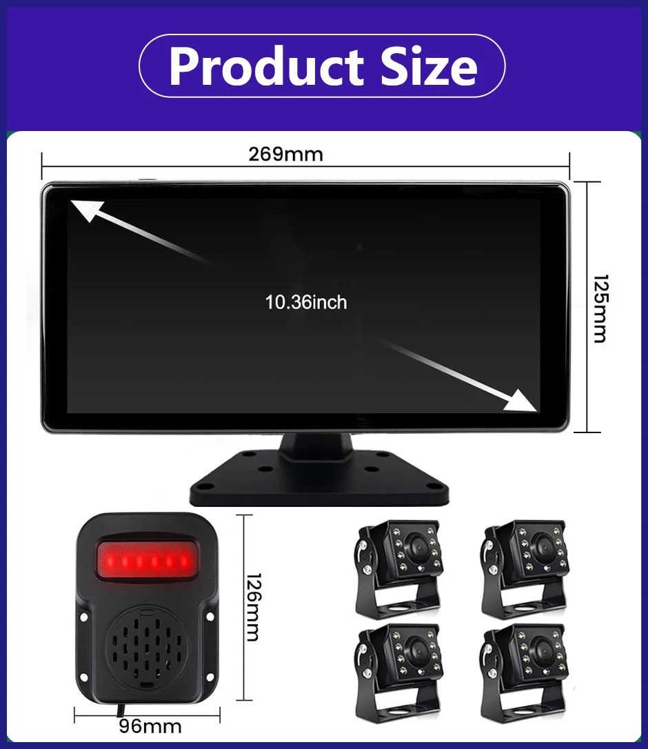 10.36 "4 Channel Recorder Smart Blind Spot Radar BSD Alarm Car DVR Monitor with 4 PCS AHD 1080P Camera For Truck Bus