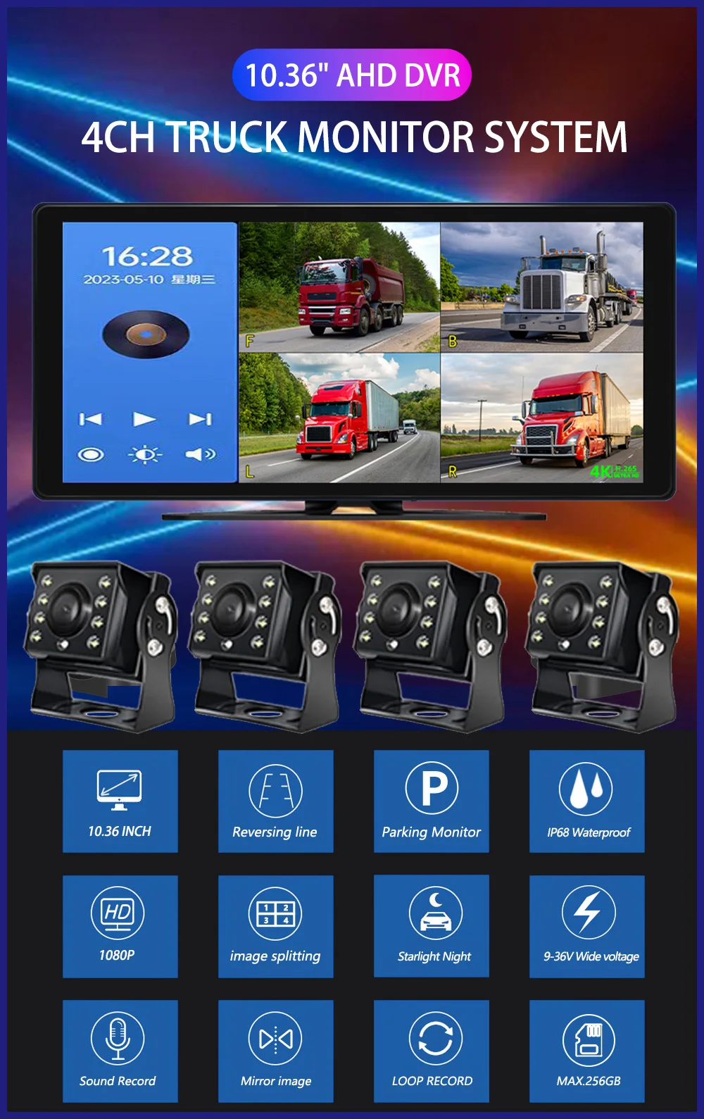 10.36 "4 Channel Recorder Smart Blind Spot Radar BSD Alarm Car DVR Monitor with 4 PCS AHD 1080P Camera For Truck Bus