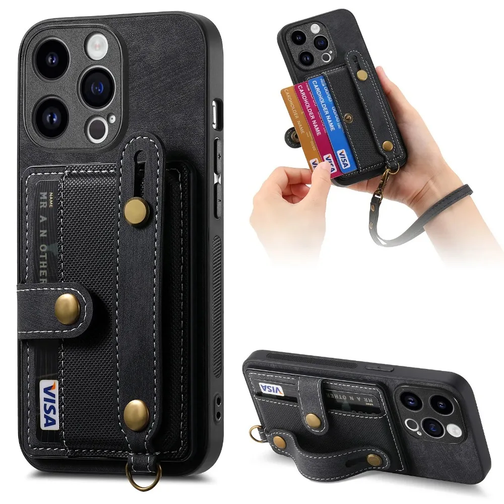 Wrist Strap Wallet with Card Holder Phone Case for IPhone 17 Air 16e 13 12 Mini 16 15 14 Plus 11 Pro Max Shockproof Cover