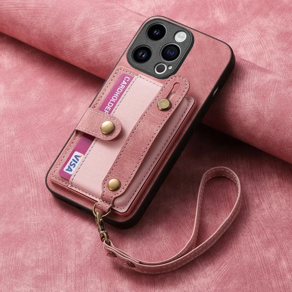 Wrist Strap Wallet with Card Holder Phone Case for IPhone 17 Air 16e 13 12 Mini 16 15 14 Plus 11 Pro Max Shockproof Cover