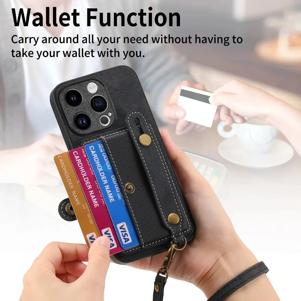 Wrist Strap Wallet with Card Holder Phone Case for IPhone 17 Air 16e 13 12 Mini 16 15 14 Plus 11 Pro Max Shockproof Cover