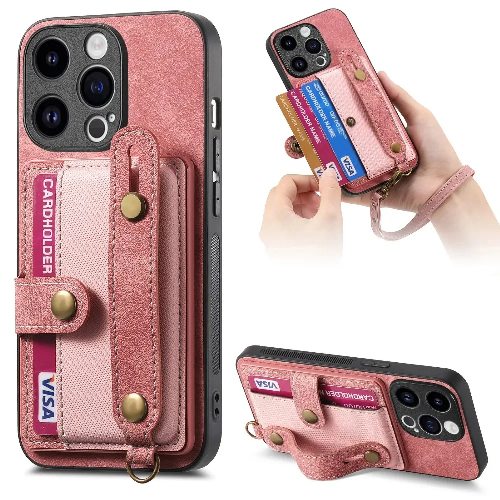 Wrist Strap Wallet with Card Holder Phone Case for IPhone 17 Air 16e 13 12 Mini 16 15 14 Plus 11 Pro Max Shockproof Cover