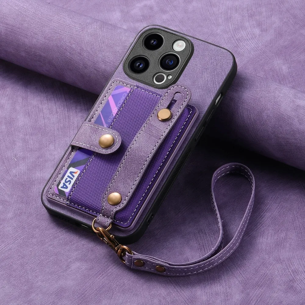 Wrist Strap Wallet with Card Holder Phone Case for IPhone 17 Air 16e 13 12 Mini 16 15 14 Plus 11 Pro Max Shockproof Cover