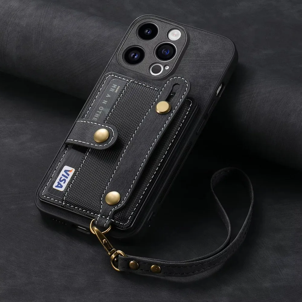 Wrist Strap Wallet with Card Holder Phone Case for IPhone 17 Air 16e 13 12 Mini 16 15 14 Plus 11 Pro Max Shockproof Cover