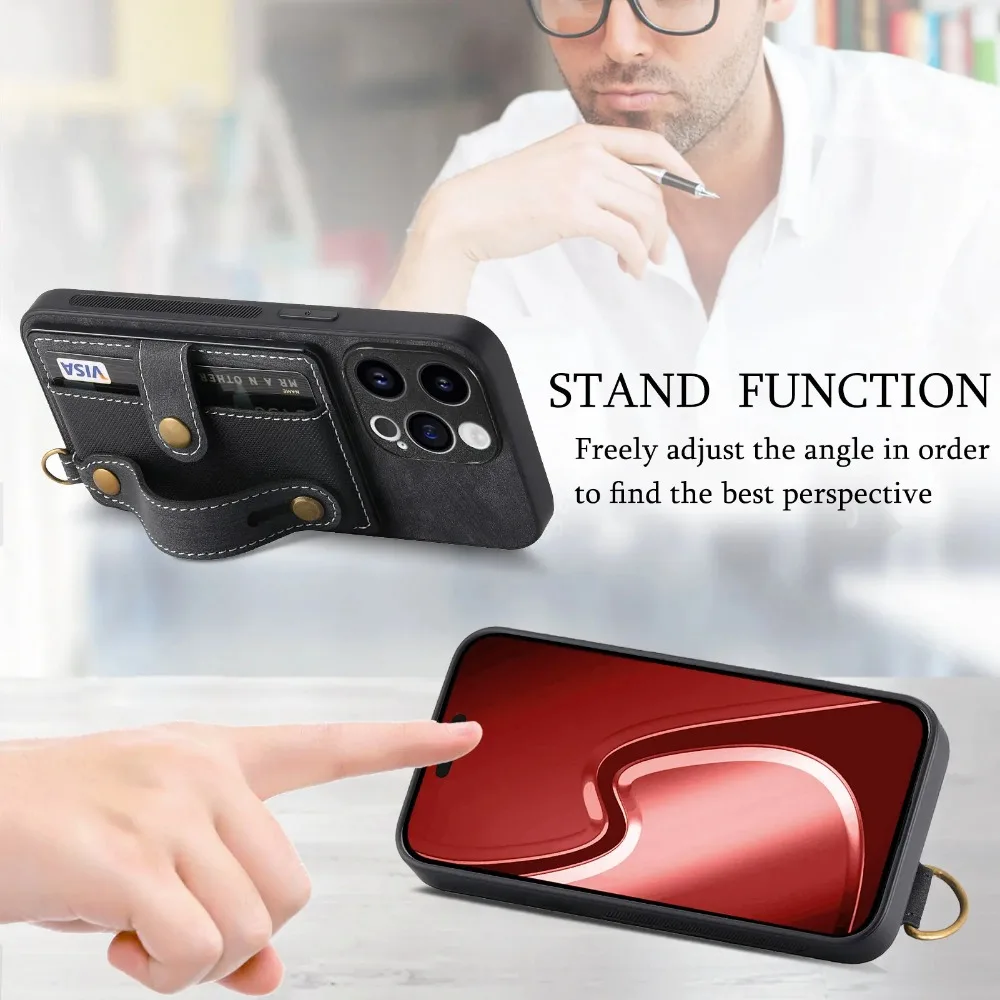 Wrist Strap Wallet with Card Holder Phone Case for IPhone 17 Air 16e 13 12 Mini 16 15 14 Plus 11 Pro Max Shockproof Cover