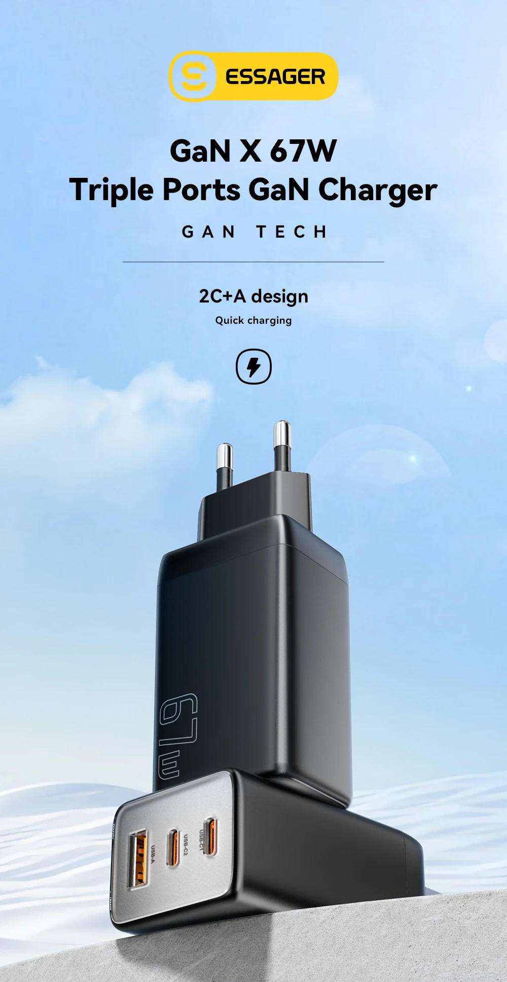 Essager 67W GaN USB Type C Charger PPS 65W Fast Charge For Samsung QC 4.0 PD 3.0 iPhone 15 14 13 Pro Huawei Phone Laptop Chagers