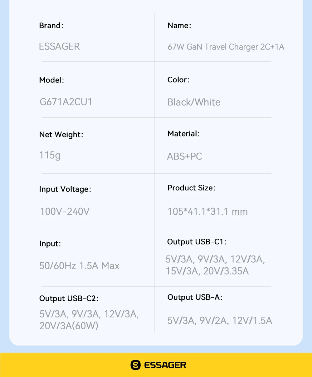 Essager 67W GaN USB Type C Charger PPS 65W Fast Charge For Samsung QC 4.0 PD 3.0 iPhone 15 14 13 Pro Huawei Phone Laptop Chagers