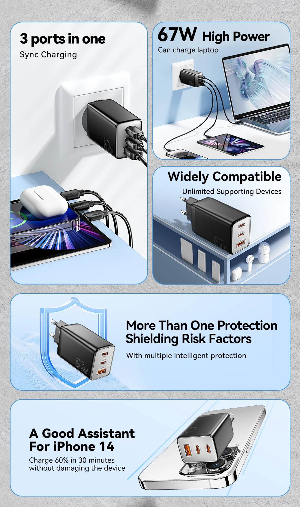 Essager 67W GaN USB Type C Charger PPS 65W Fast Charge For Samsung QC 4.0 PD 3.0 iPhone 15 14 13 Pro Huawei Phone Laptop Chagers