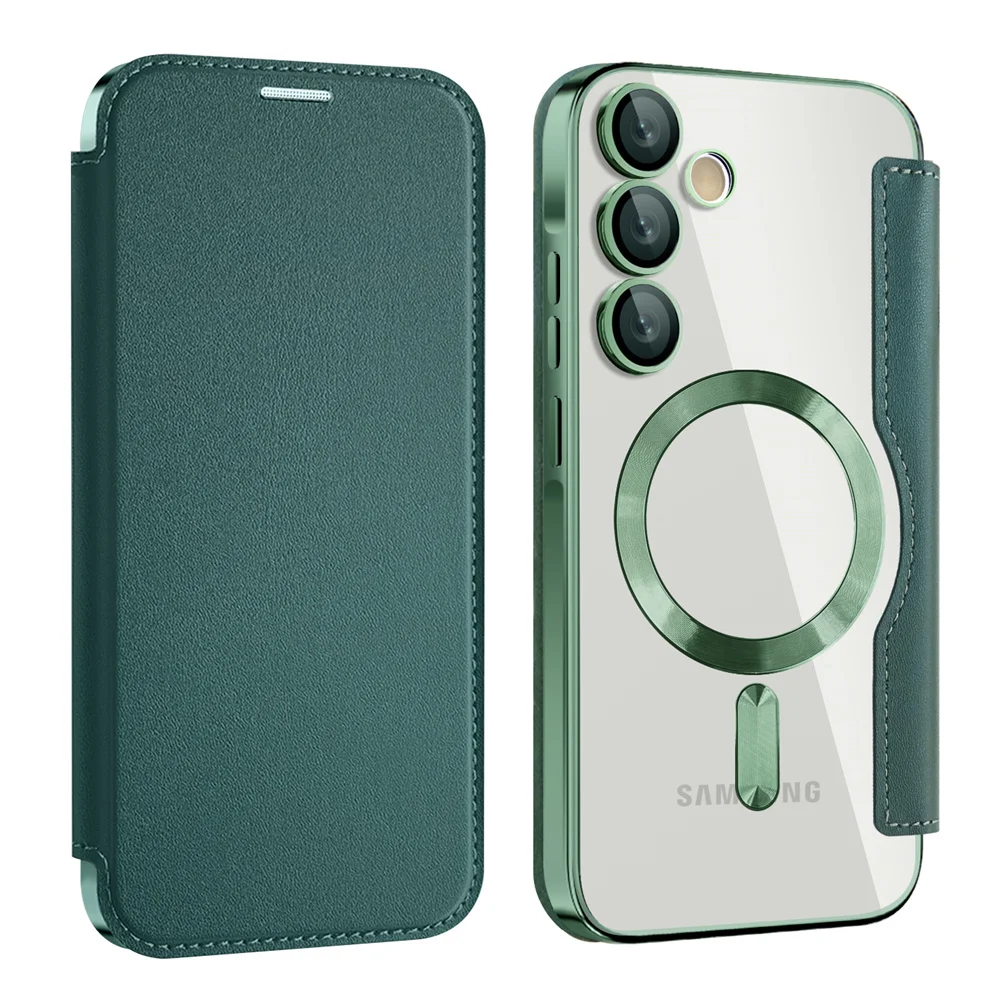 Luxury Flip Leather Card Clip Magnetic Phone Case for Samsung S26 S25 Edge S24 S23 Ultra S22 Plus A55 A35 Clear Wallet Cover