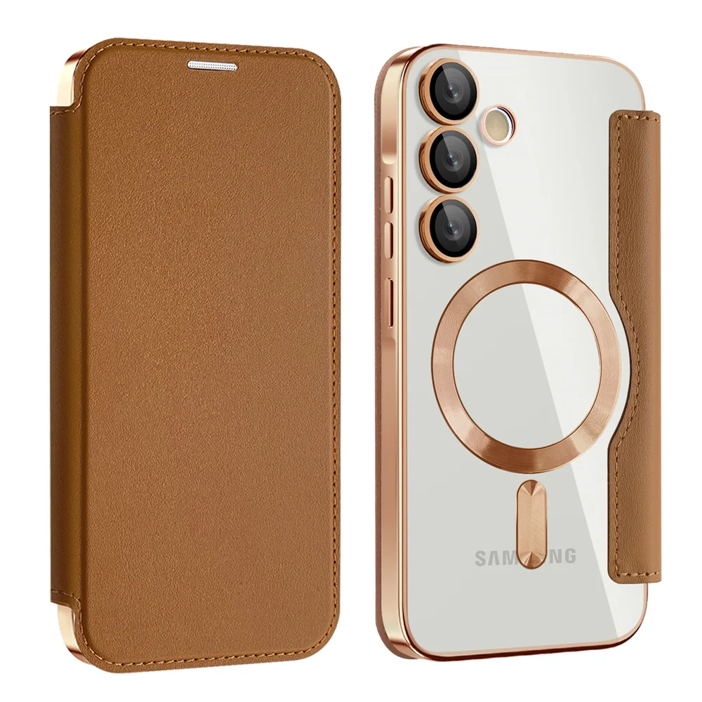 Luxury Flip Leather Card Clip Magnetic Phone Case for Samsung S26 S25 Edge S24 S23 Ultra S22 Plus A55 A35 Clear Wallet Cover