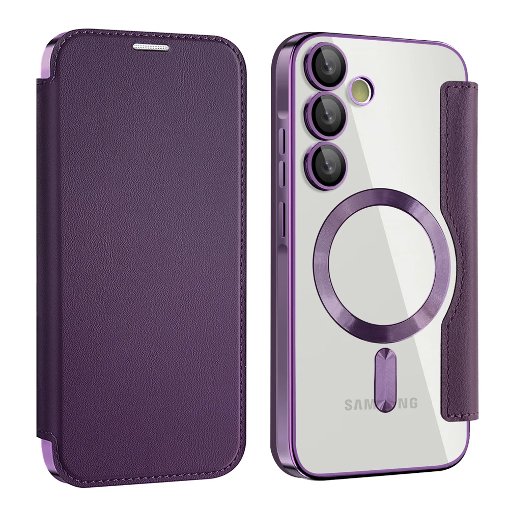 Luxury Flip Leather Card Clip Magnetic Phone Case for Samsung S26 S25 Edge S24 S23 Ultra S22 Plus A55 A35 Clear Wallet Cover