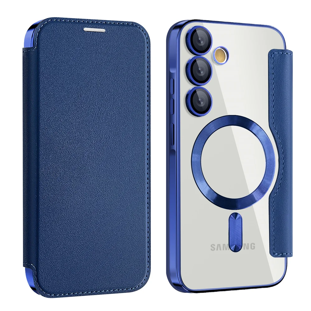 Luxury Flip Leather Card Clip Magnetic Phone Case for Samsung S26 S25 Edge S24 S23 Ultra S22 Plus A55 A35 Clear Wallet Cover