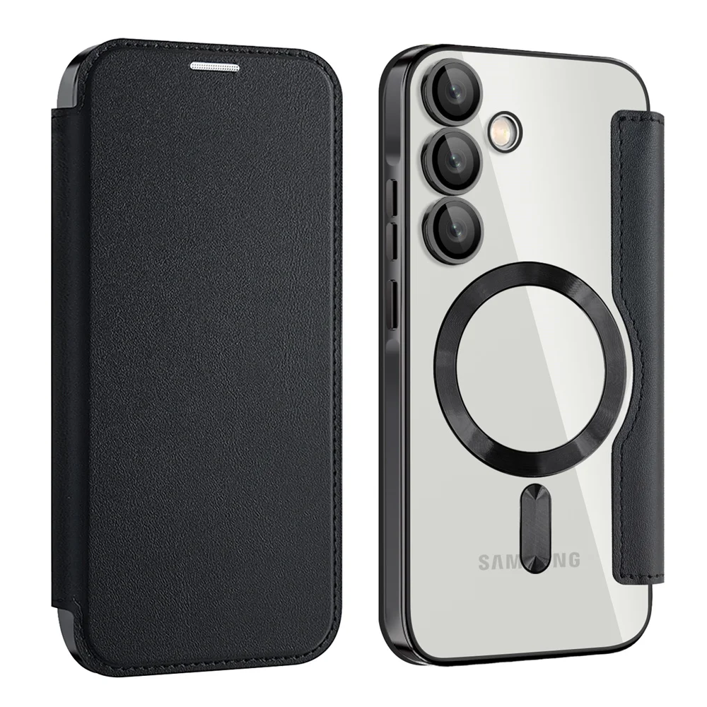 Luxury Flip Leather Card Clip Magnetic Phone Case for Samsung S26 S25 Edge S24 S23 Ultra S22 Plus A55 A35 Clear Wallet Cover
