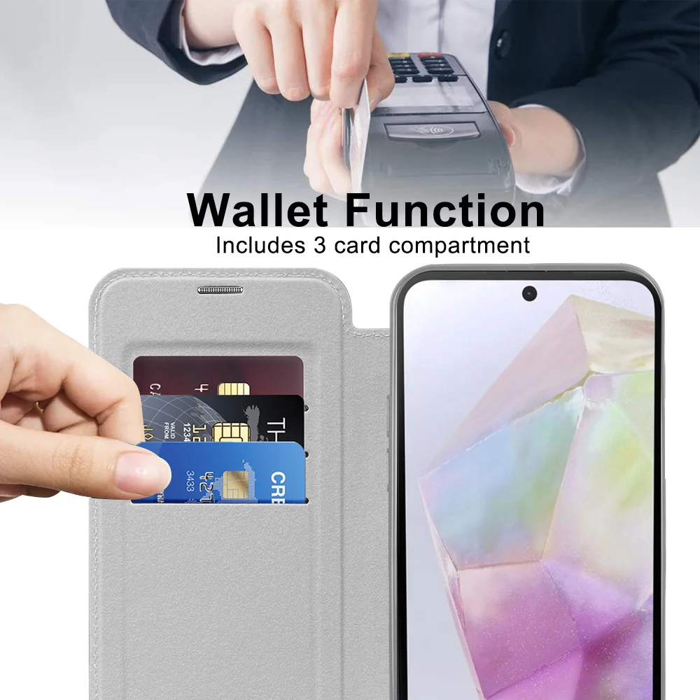 Luxury Flip Leather Card Clip Magnetic Phone Case for Samsung S26 S25 Edge S24 S23 Ultra S22 Plus A55 A35 Clear Wallet Cover
