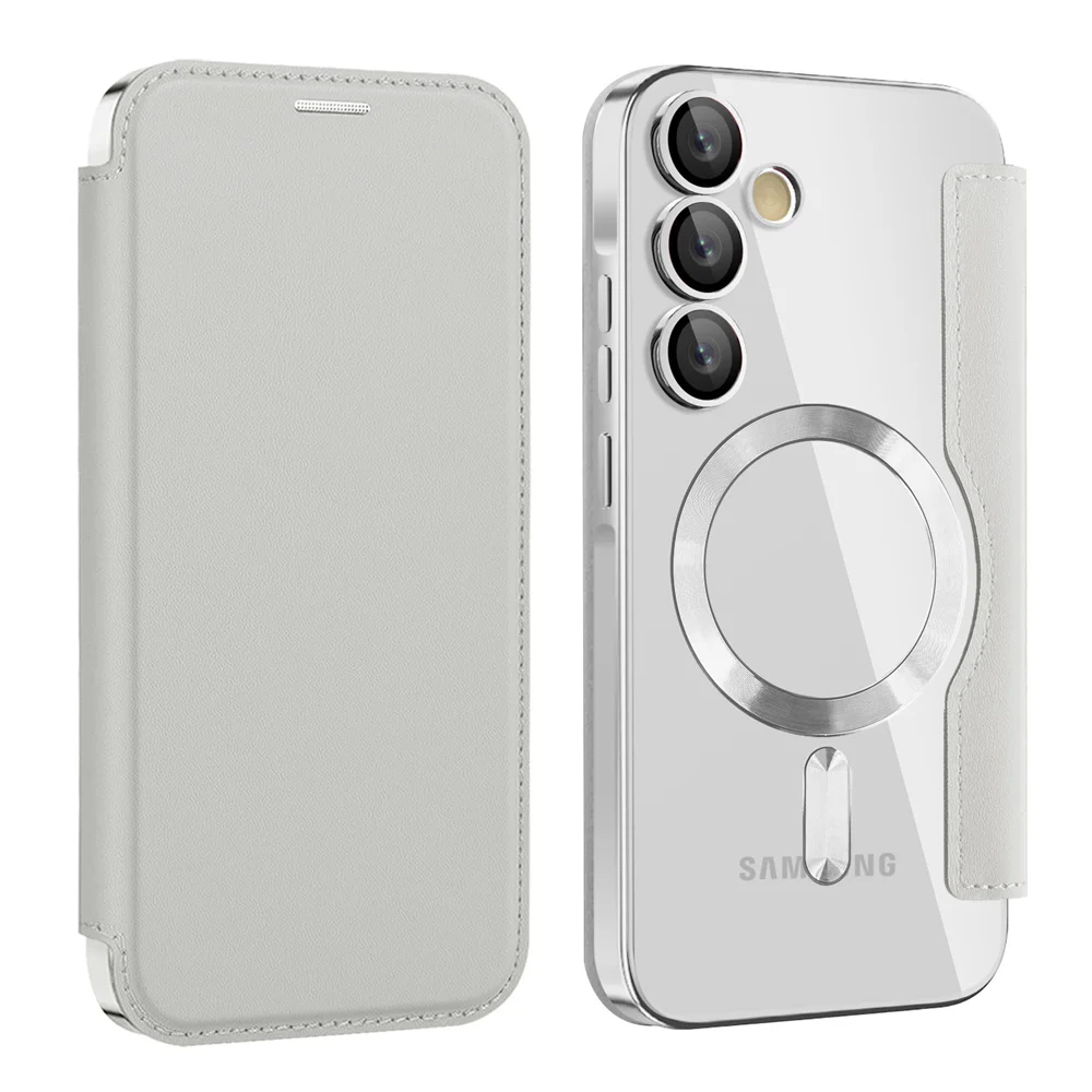 Luxury Flip Leather Card Clip Magnetic Phone Case for Samsung S26 S25 Edge S24 S23 Ultra S22 Plus A55 A35 Clear Wallet Cover