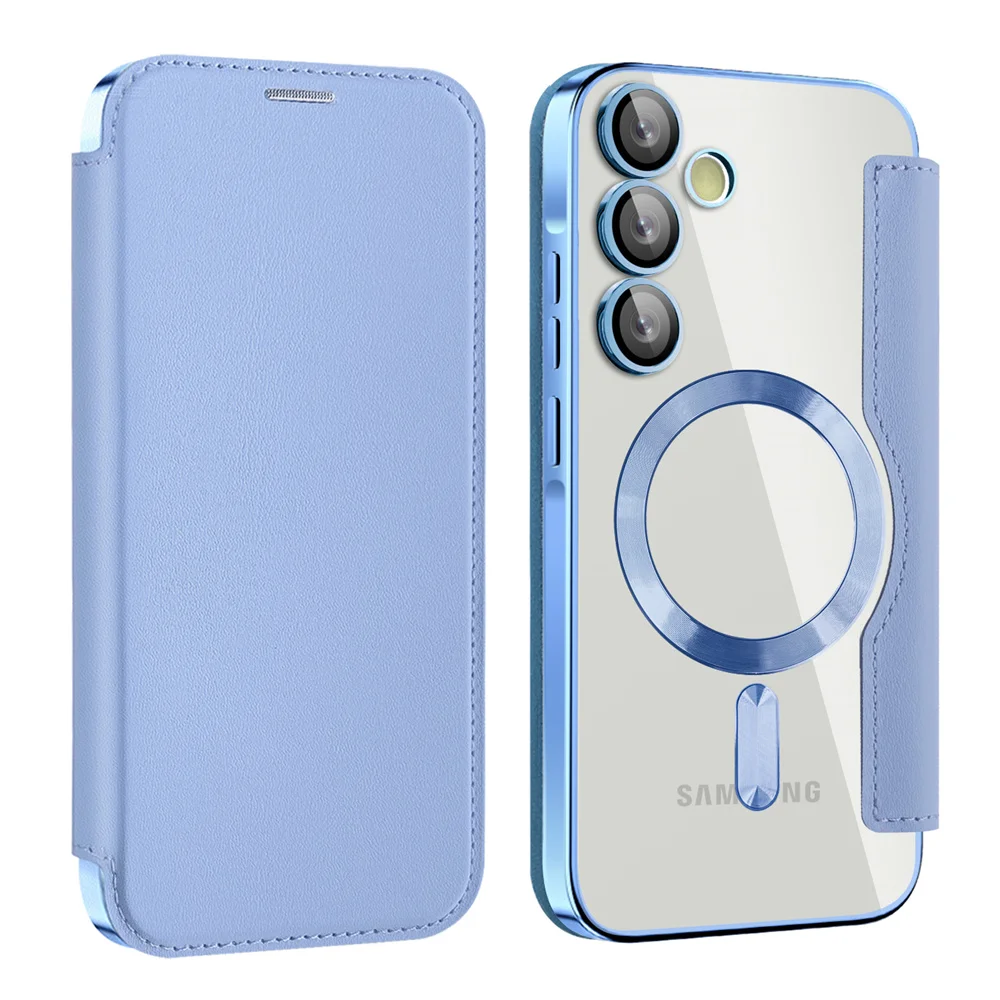 Luxury Flip Leather Card Clip Magnetic Phone Case for Samsung S26 S25 Edge S24 S23 Ultra S22 Plus A55 A35 Clear Wallet Cover