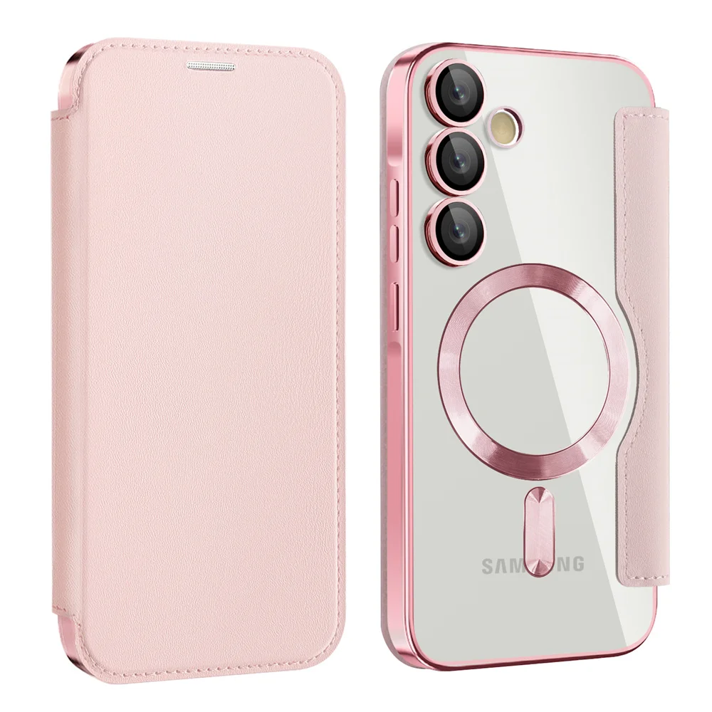 Luxury Flip Leather Card Clip Magnetic Phone Case for Samsung S26 S25 Edge S24 S23 Ultra S22 Plus A55 A35 Clear Wallet Cover