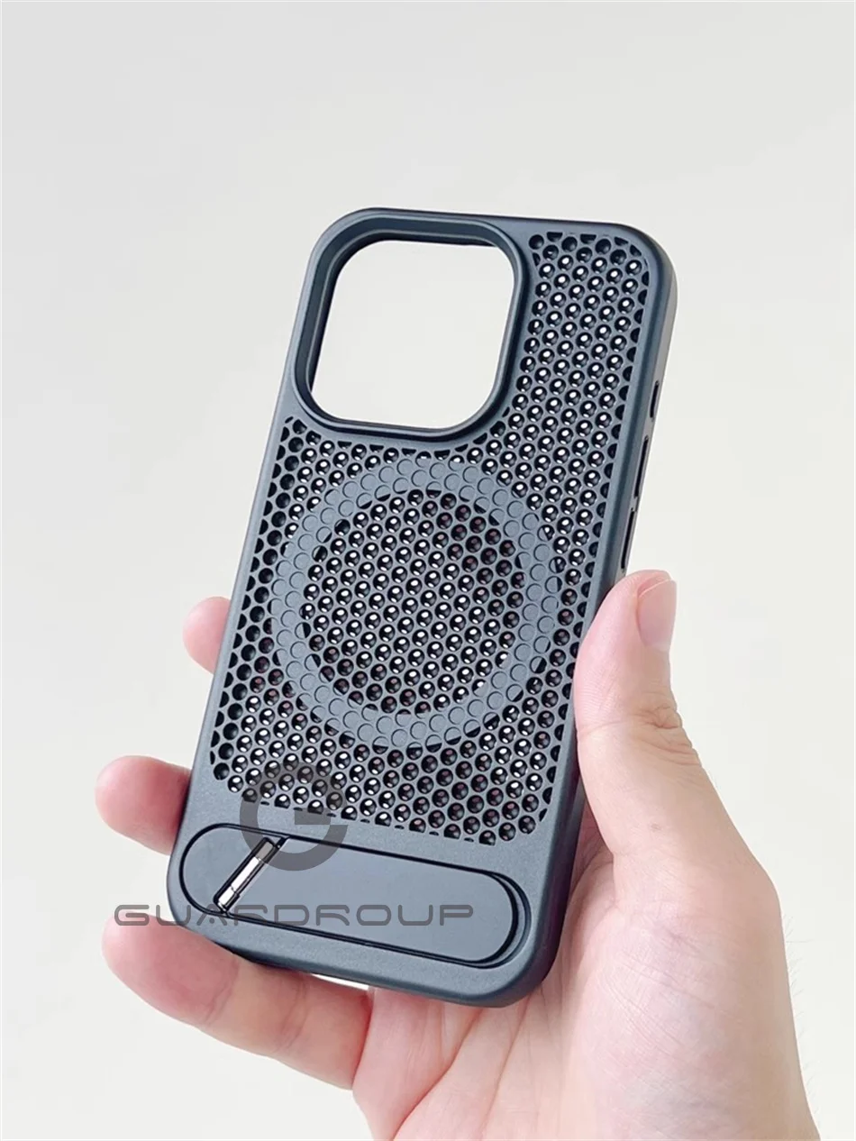 Luxury Heat Dissipation For Magsafe Case For iPhone 15 14 13 18 16 17 Pro Max Breathable Wireless Charge Stand Shockproof Cover