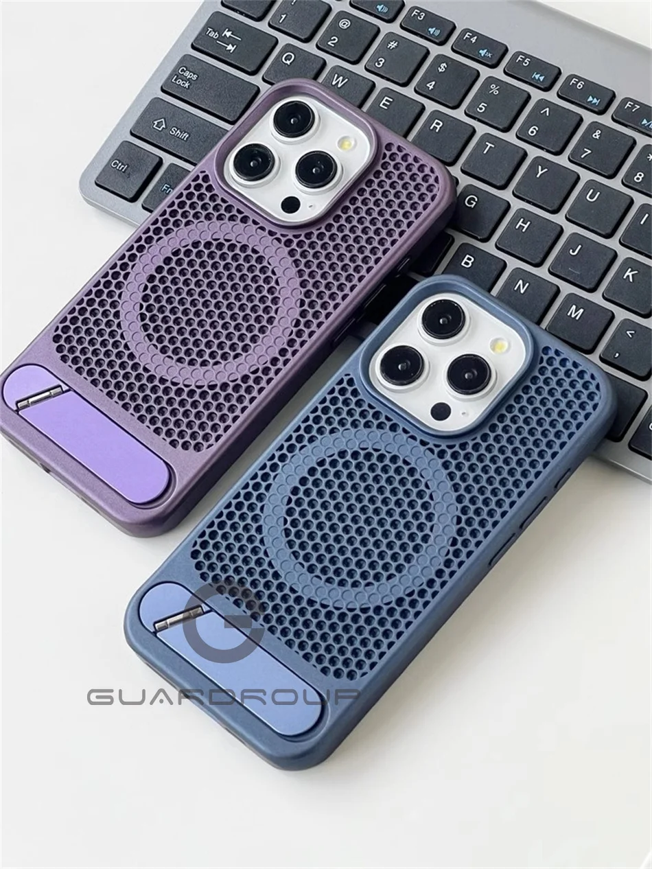 Luxury Heat Dissipation For Magsafe Case For iPhone 15 14 13 18 16 17 Pro Max Breathable Wireless Charge Stand Shockproof Cover