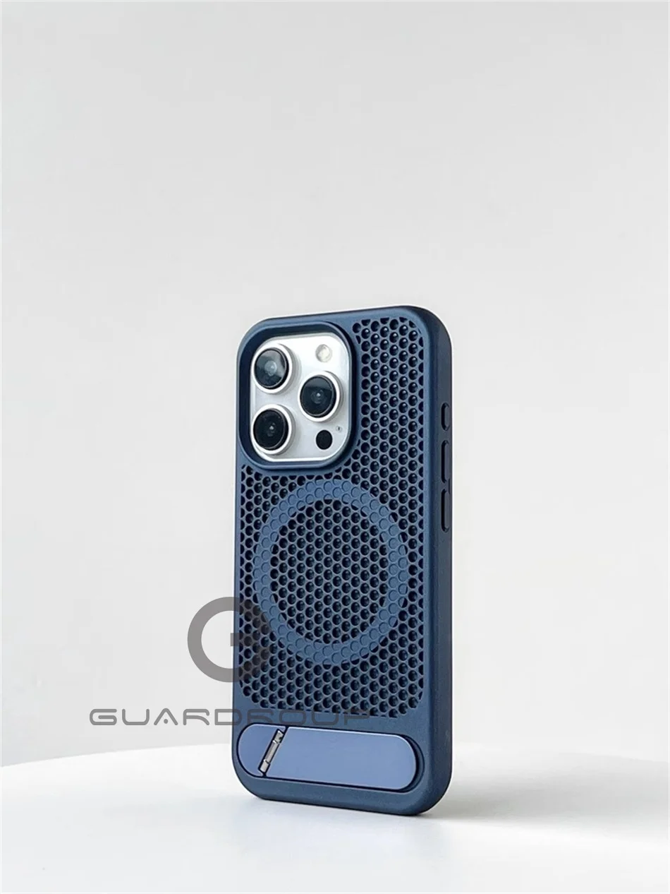 Luxury Heat Dissipation For Magsafe Case For iPhone 15 14 13 18 16 17 Pro Max Breathable Wireless Charge Stand Shockproof Cover