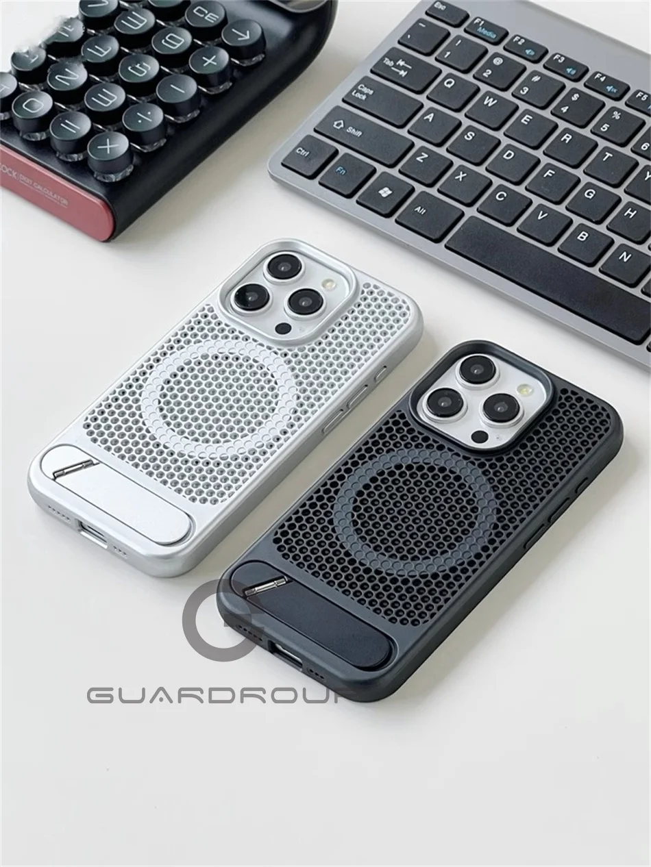 Luxury Heat Dissipation For Magsafe Case For iPhone 15 14 13 18 16 17 Pro Max Breathable Wireless Charge Stand Shockproof Cover