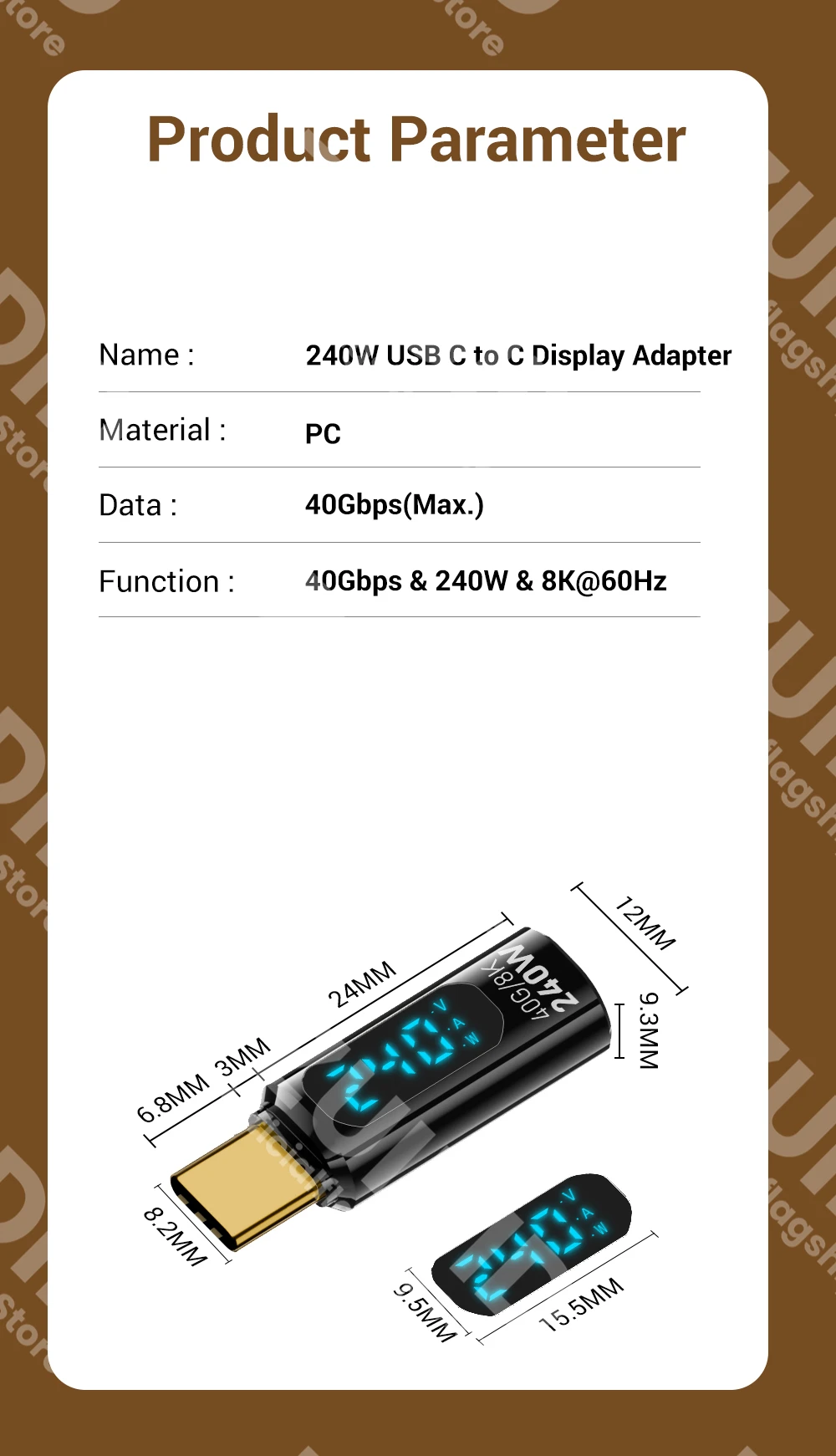 Transparent LED Display PD240W USB4.0 40Gbps Type C to C OTG Adapter 8K@60Hz 5A Fast Charging Cable for iPhone 15 14 MacBook Pro