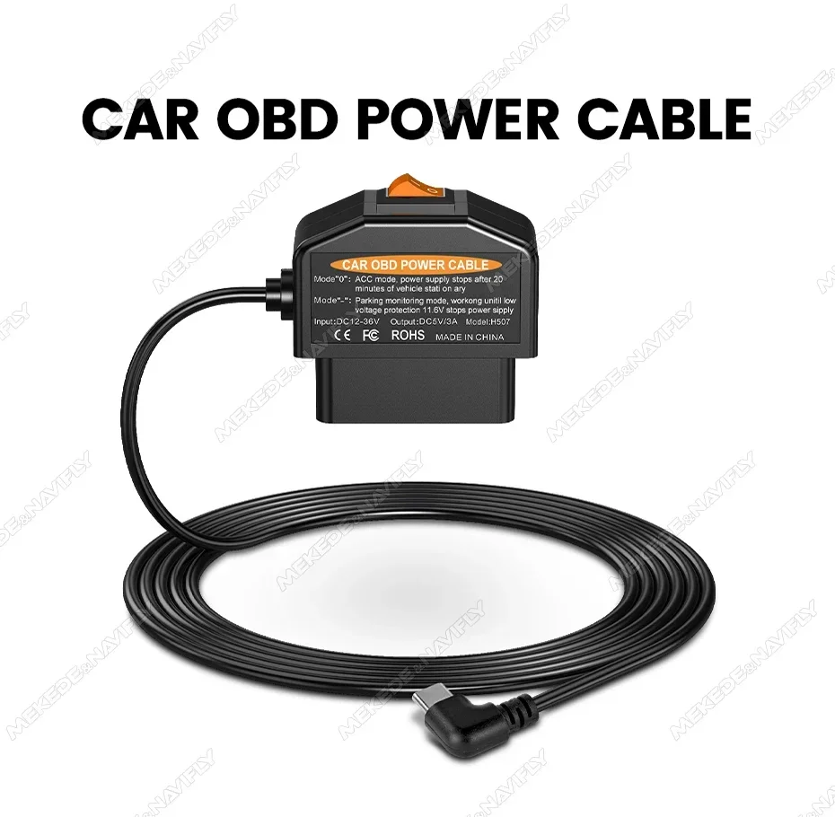 OBD Power Cable for Universal Car Interface Plug and Play with Switch for Dash Cam Camcorder Vehicle DVR Mini Micro Type-C Port