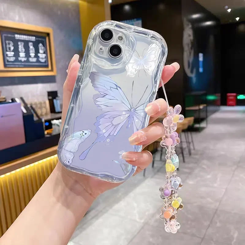 Case For iPhone 11 15 14 16 Pro Max 12 13 Mini 6 7 8 Plus cover Wrist Chain Butterfly Flower