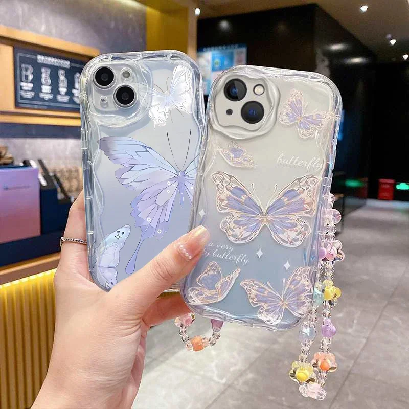 Case For iPhone 11 15 14 16 Pro Max 12 13 Mini 6 7 8 Plus cover Wrist Chain Butterfly Flower