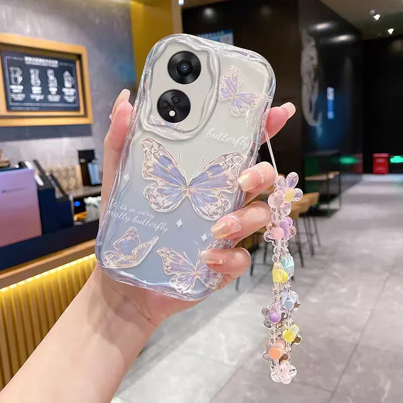 Case For iPhone 11 15 14 16 Pro Max 12 13 Mini 6 7 8 Plus cover Wrist Chain Butterfly Flower
