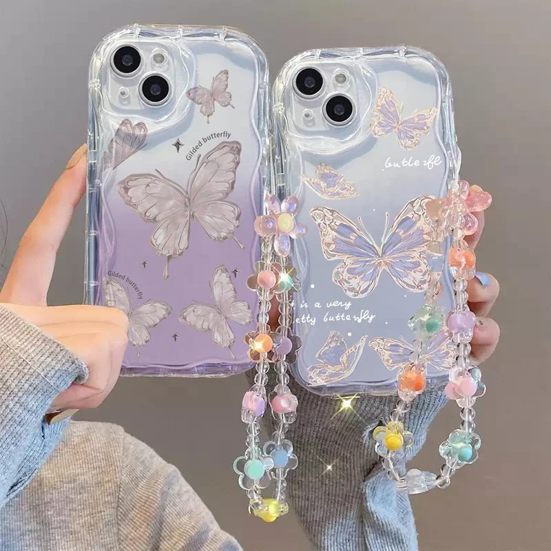 Case For iPhone 11 15 14 16 Pro Max 12 13 Mini 6 7 8 Plus cover Wrist Chain Butterfly Flower