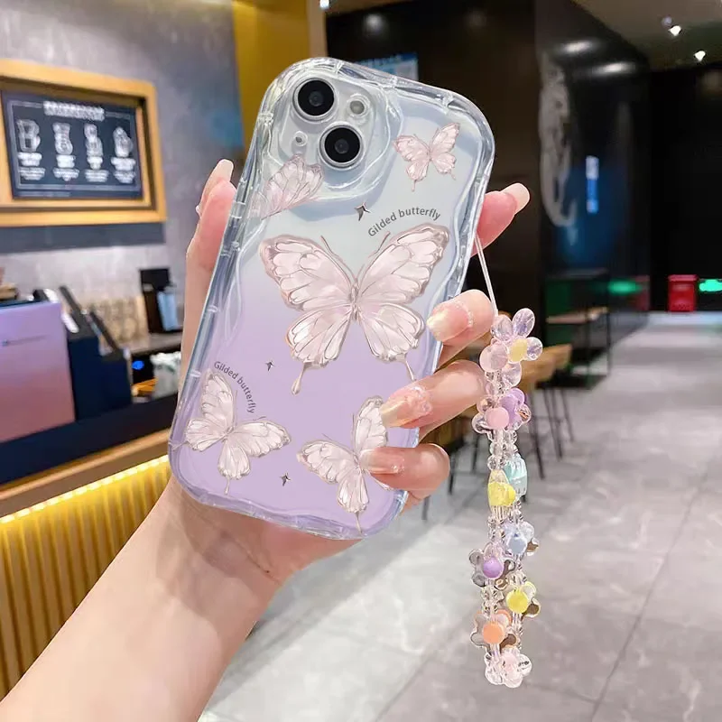 Case For iPhone 11 15 14 16 Pro Max 12 13 Mini 6 7 8 Plus cover Wrist Chain Butterfly Flower
