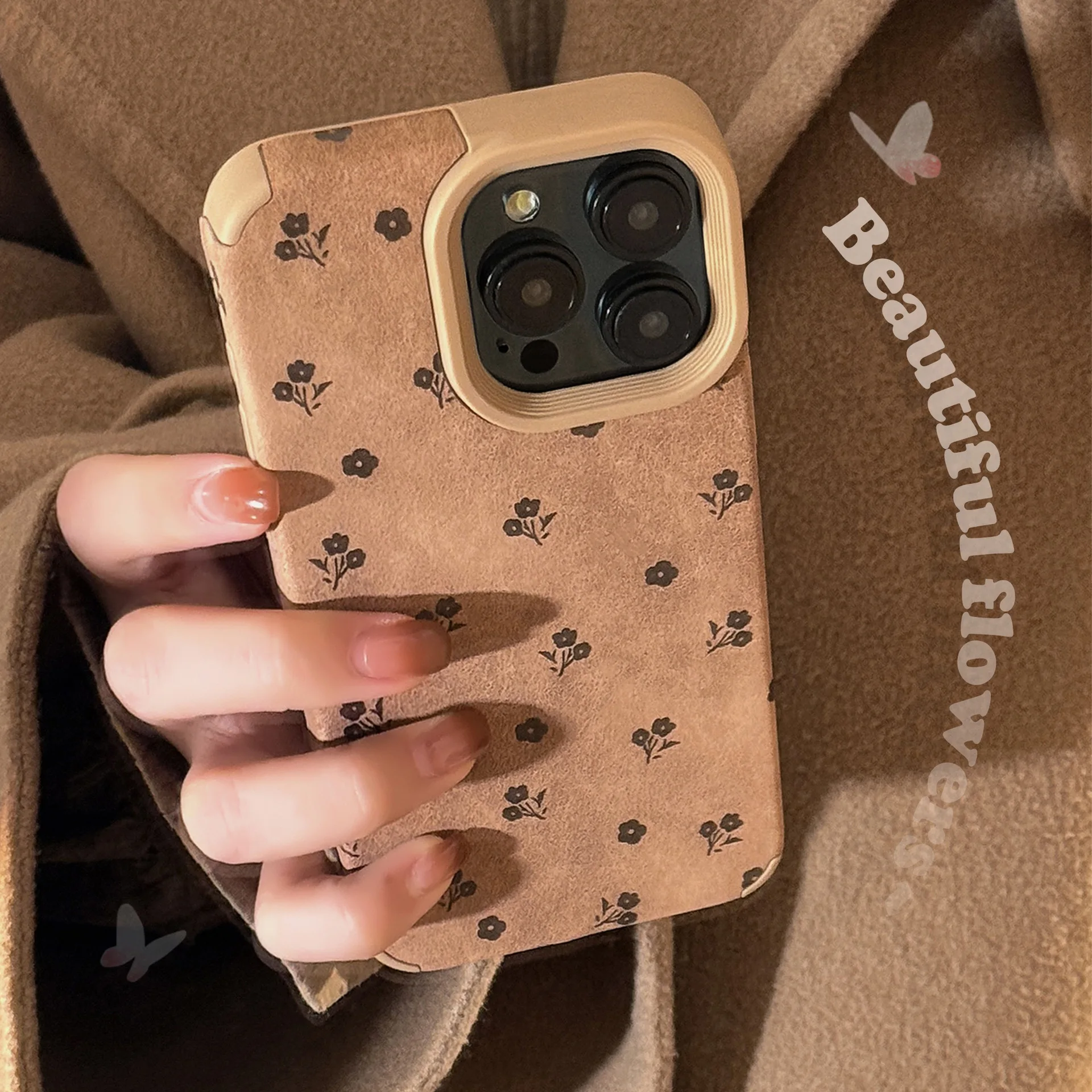 Retro flowers Suede leather art Phone Case For iPhone 17 16 15 14 13 12 11 Pro Max 17 air Case Cute Luxury Cartoon leather Cover