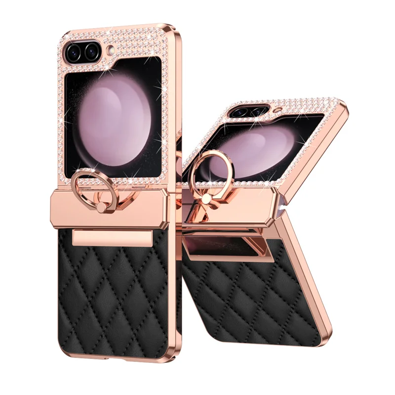 PU Leather Plating Glitter Bling Diamond Hinge Phone Case For Samsung Galaxy Z Flip 8 7 6 5 4 3 5G Shockproof Ring Protect Cover