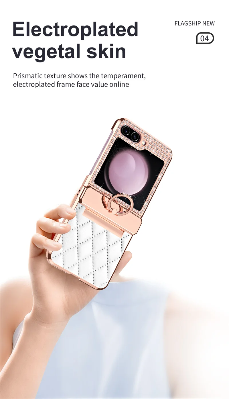PU Leather Plating Glitter Bling Diamond Hinge Phone Case For Samsung Galaxy Z Flip 8 7 6 5 4 3 5G Shockproof Ring Protect Cover