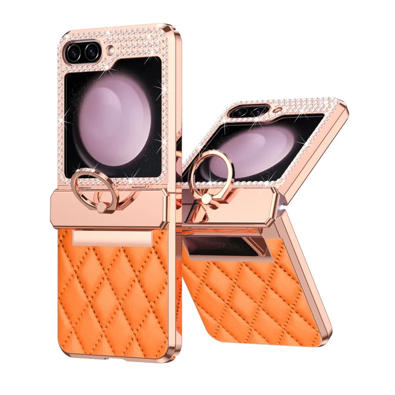 PU Leather Plating Glitter Bling Diamond Hinge Phone Case For Samsung Galaxy Z Flip 8 7 6 5 4 3 5G Shockproof Ring Protect Cover