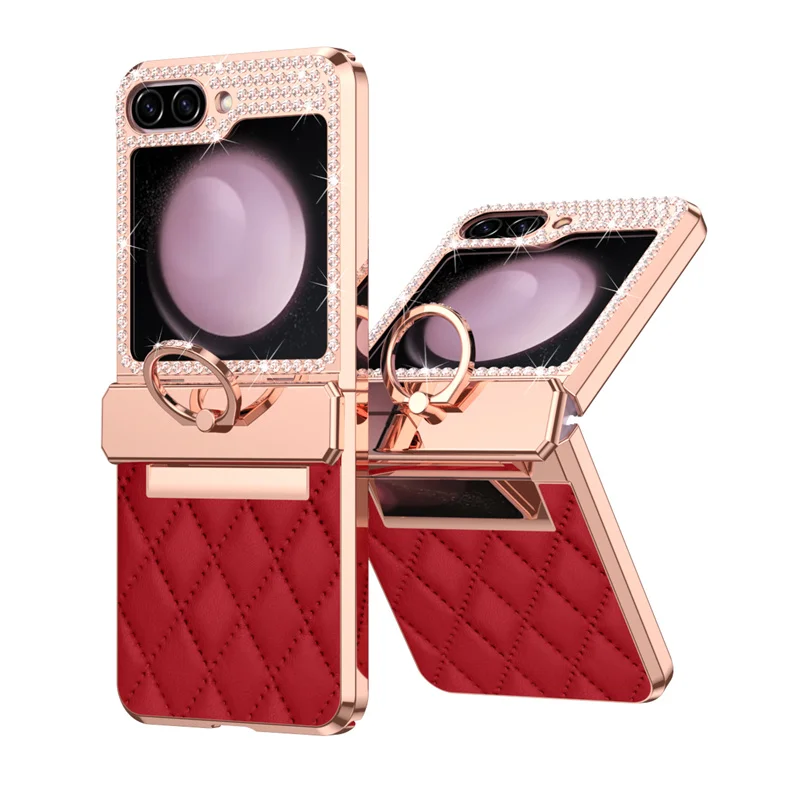 PU Leather Plating Glitter Bling Diamond Hinge Phone Case For Samsung Galaxy Z Flip 8 7 6 5 4 3 5G Shockproof Ring Protect Cover
