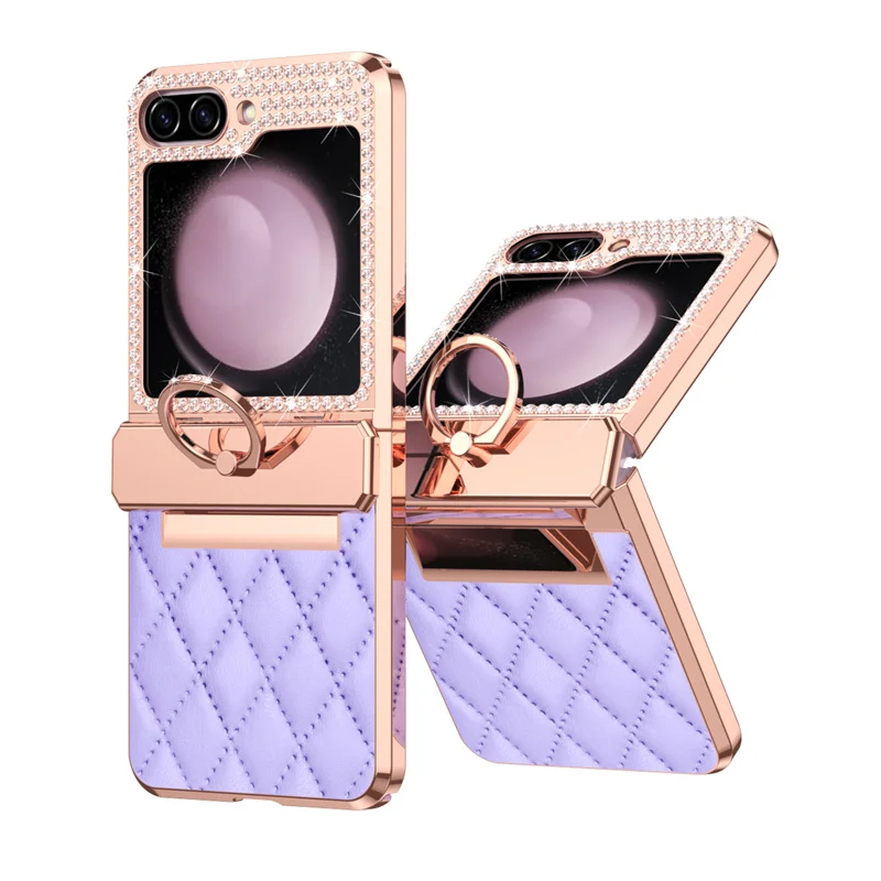 PU Leather Plating Glitter Bling Diamond Hinge Phone Case For Samsung Galaxy Z Flip 8 7 6 5 4 3 5G Shockproof Ring Protect Cover