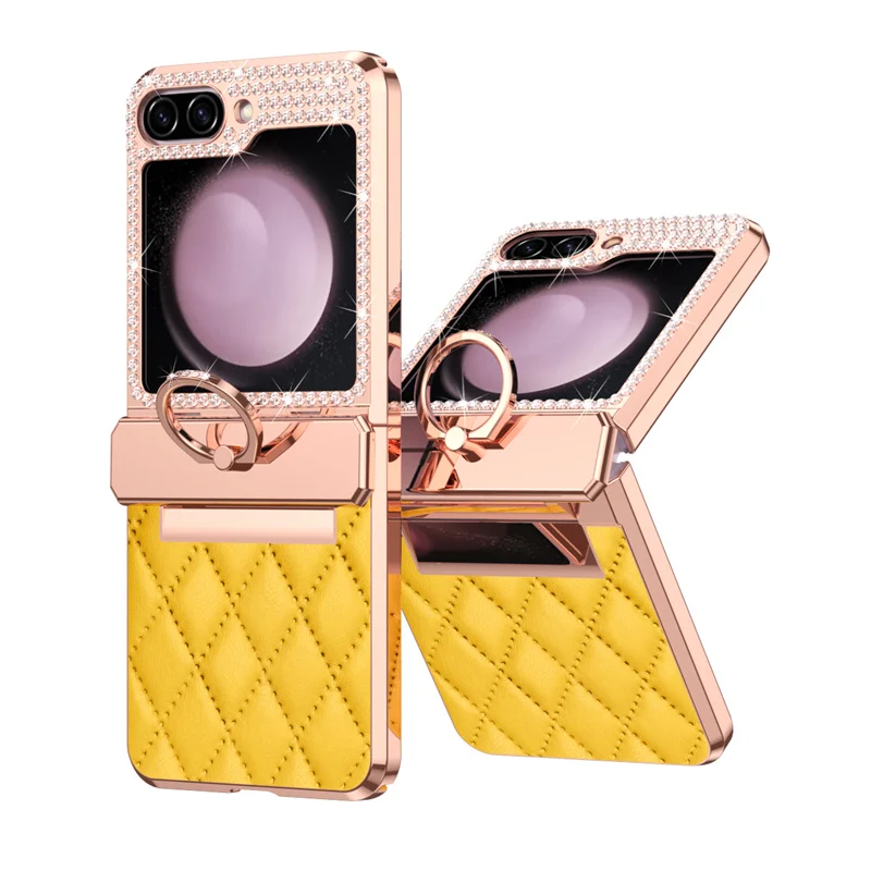 PU Leather Plating Glitter Bling Diamond Hinge Phone Case For Samsung Galaxy Z Flip 8 7 6 5 4 3 5G Shockproof Ring Protect Cover