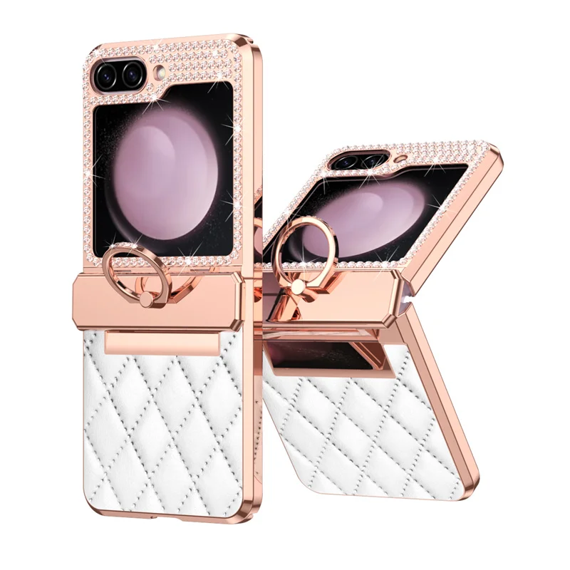 PU Leather Plating Glitter Bling Diamond Hinge Phone Case For Samsung Galaxy Z Flip 8 7 6 5 4 3 5G Shockproof Ring Protect Cover